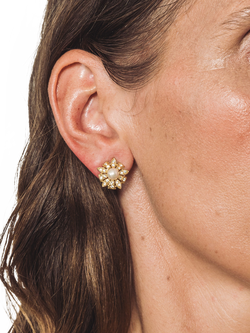 Pre-loved Vintage Gold Plated Faux Pearl and Crystal Floral Clip-On Earrings - view 2, Gold