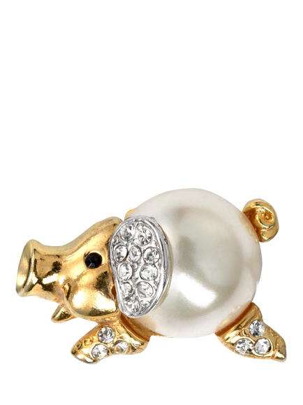 Pre-loved Miniature Piggy Stick Pin, Gold/Cream, Gold/Cream