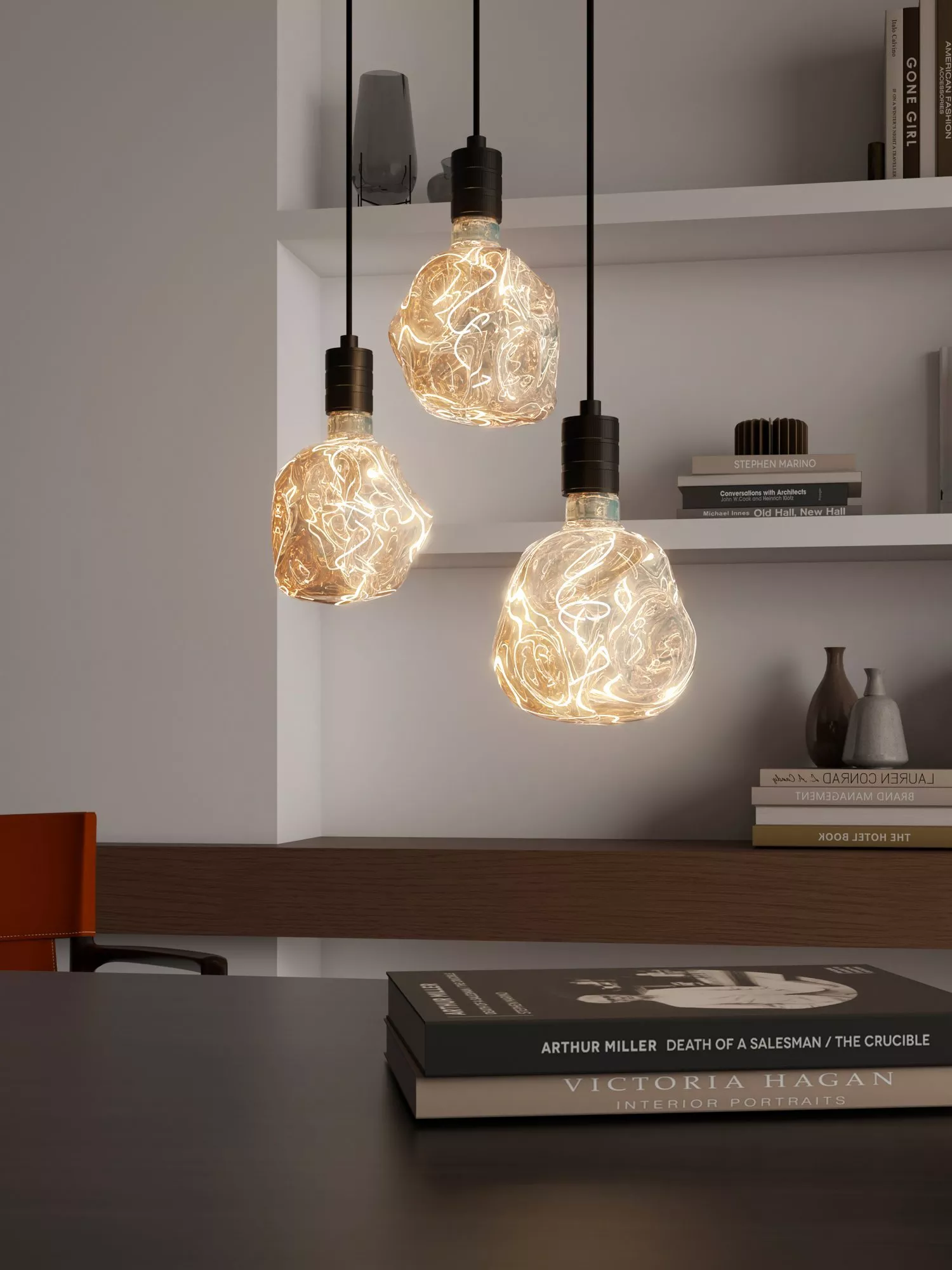 Three large decorative bulbs hanging from the ceiling