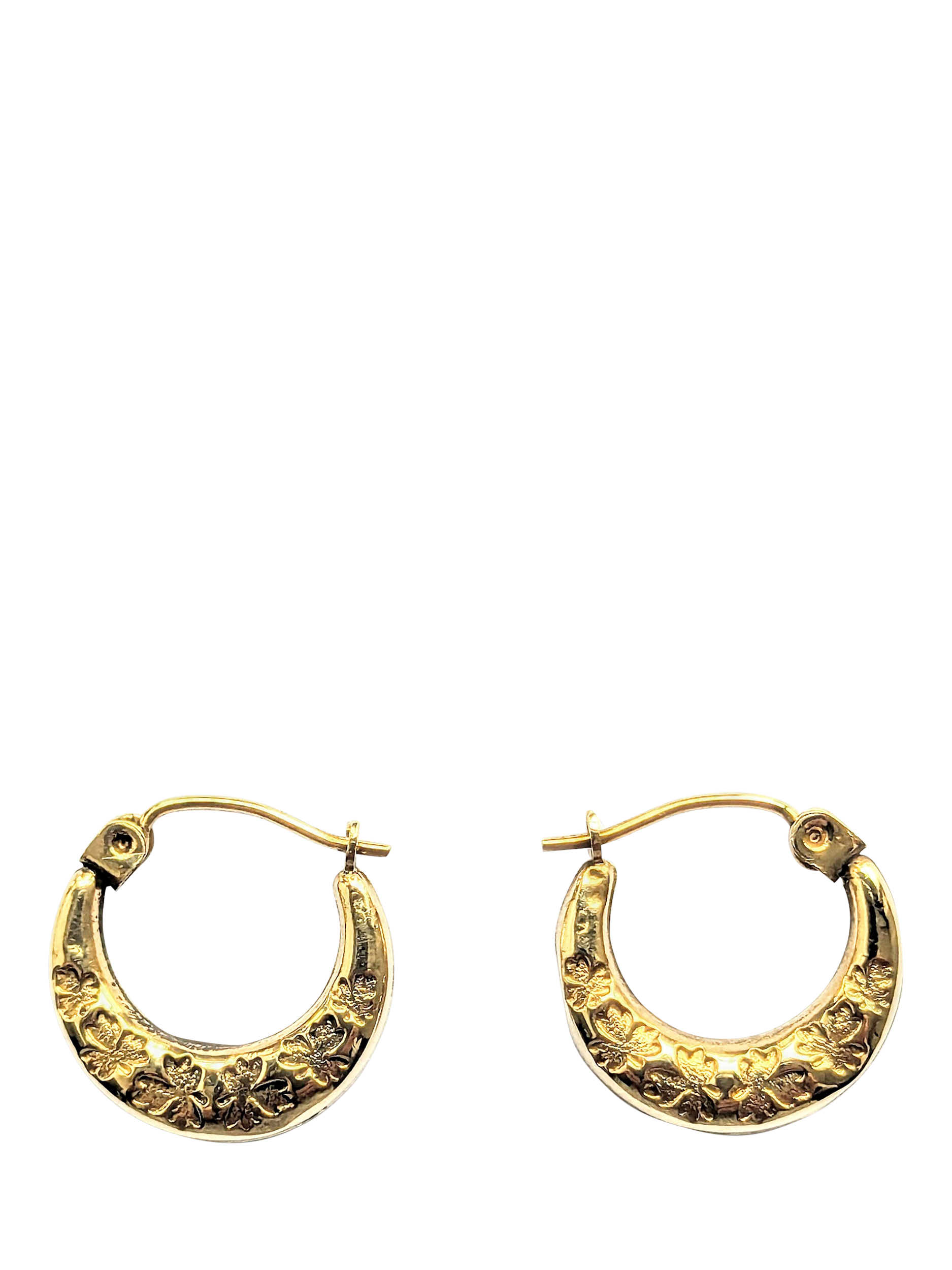 Product image 1 of 1, which shows Pre-loved L & T Heirlooms 9ct Yellow Gold Hinged Patterned Creole Earrings
