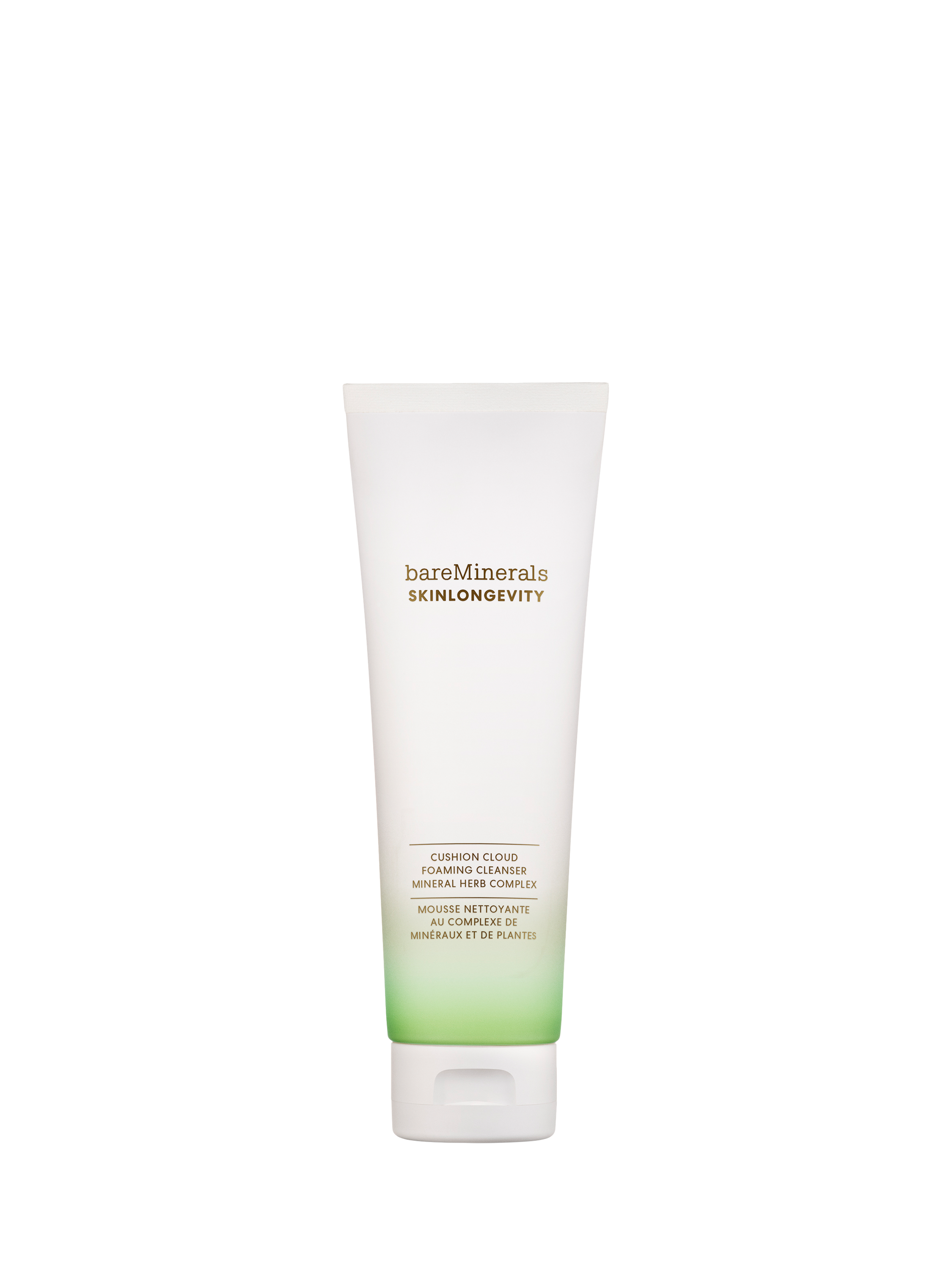Product image 1 of 9, which shows bareMinerals SKINLONGEVITY Cushion Cloud Foaming Cleanser Mineral Herb Complex, 120ml