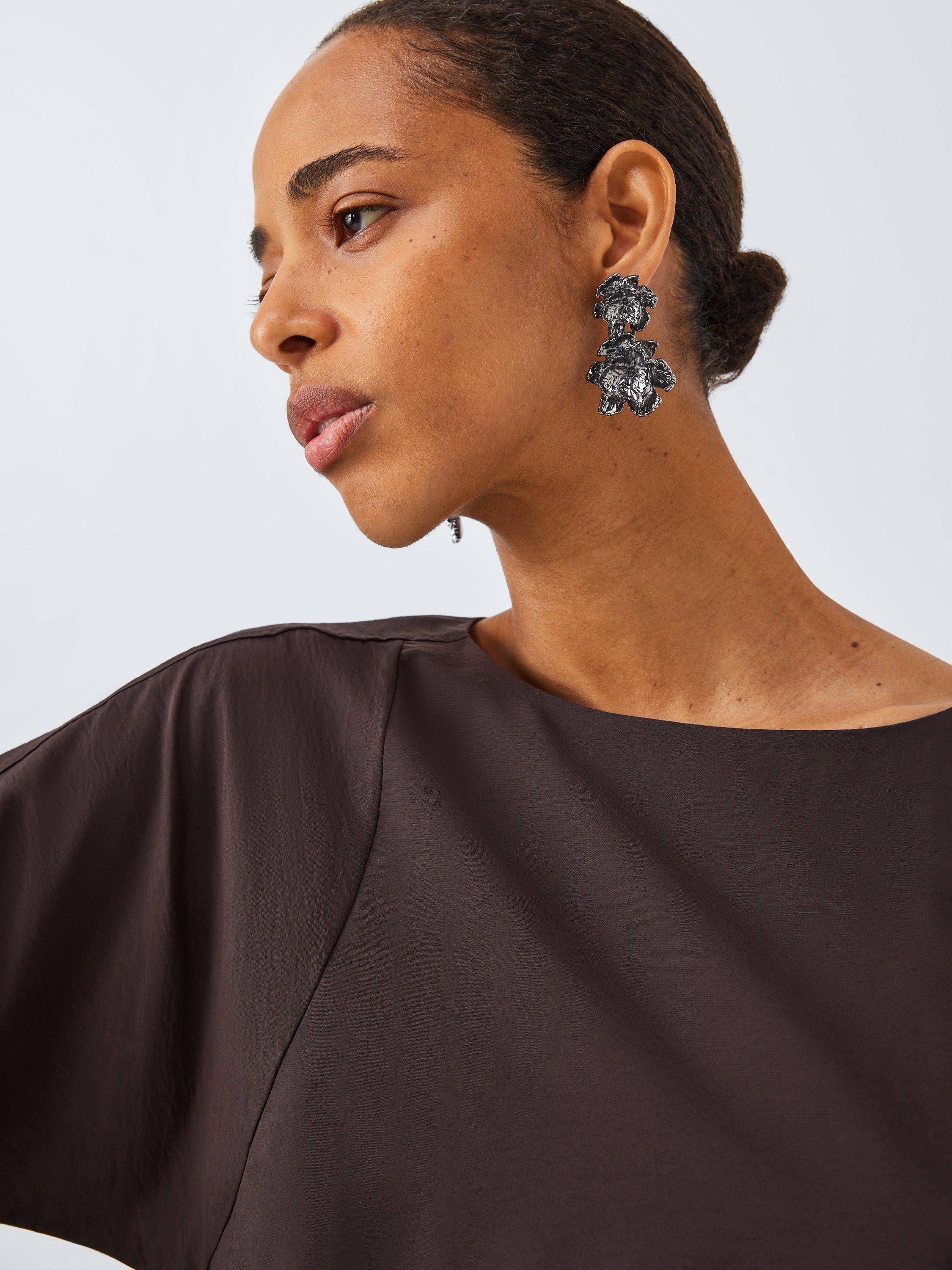 Product image 2 of 4, which shows John Lewis Statement Molten Flower Double Drop Earrings, Pewter