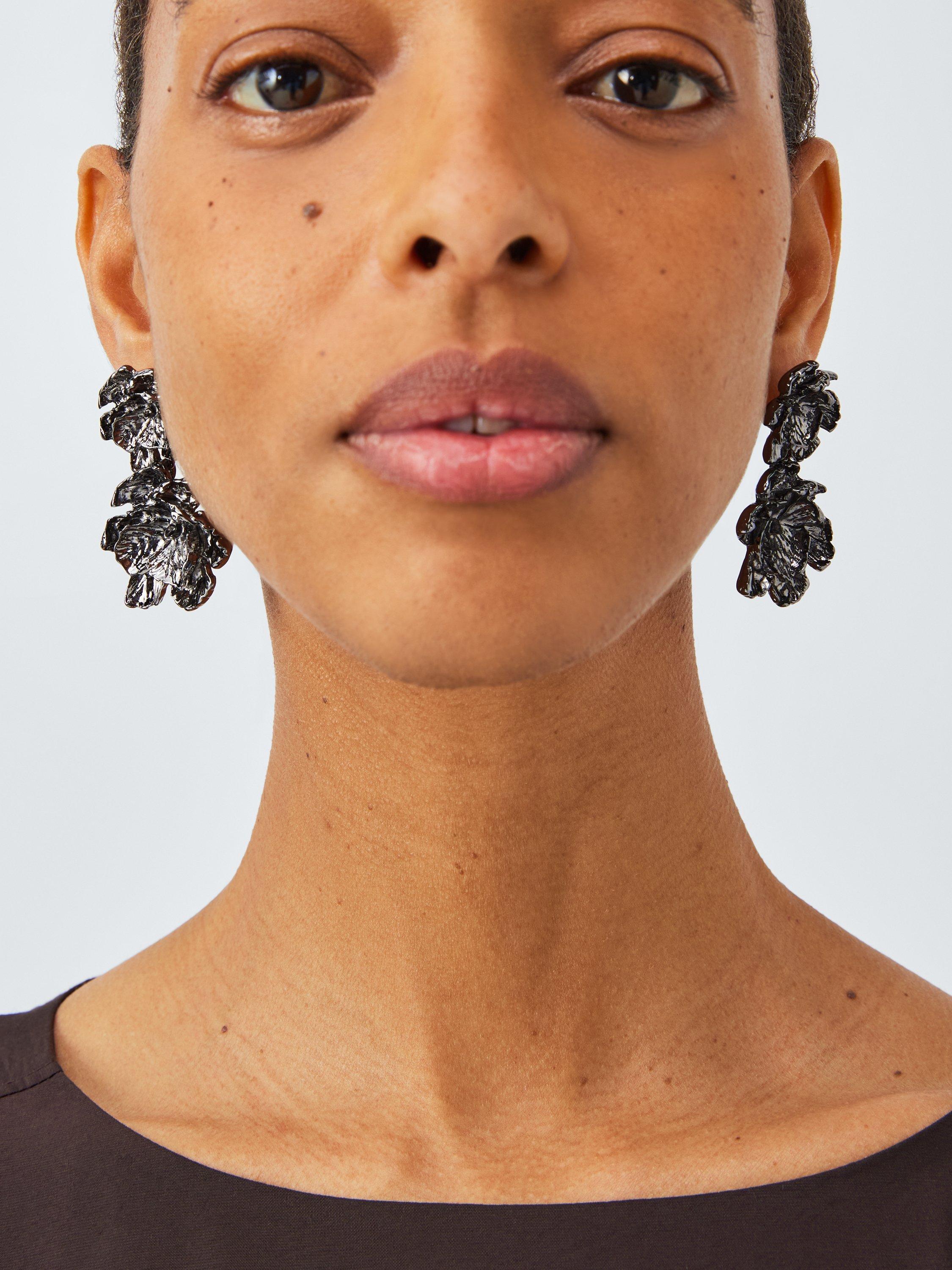 Product image 4 of 4, which shows John Lewis Statement Molten Flower Double Drop Earrings, Pewter