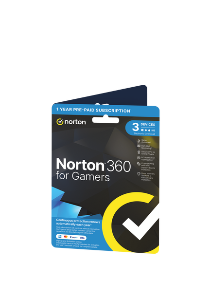 Norton 360 for Gamers, PC/Mac, up to 3 Devices, 1 Year Subscription for 1 User, Multi