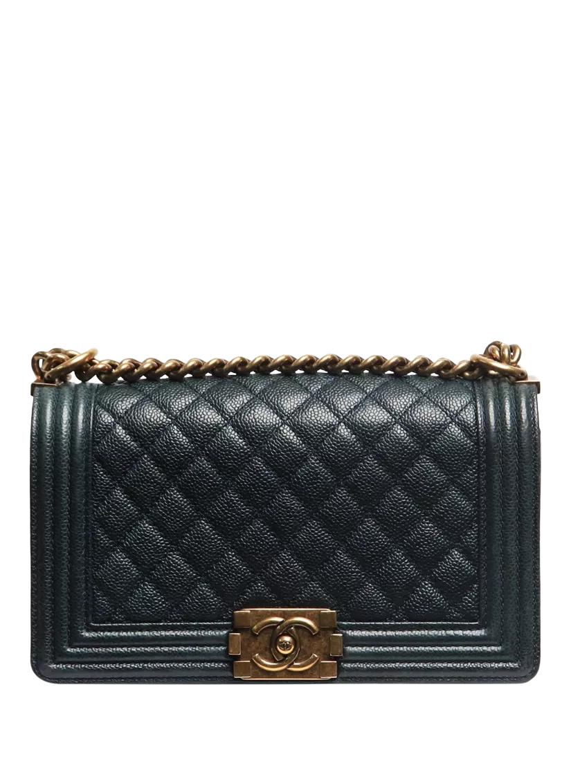 Pre-loved CHANEL 2014 Caviar Boy Push Lock Leather Shoulder Bag, Blue