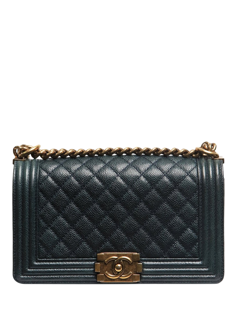 Pre-loved CHANEL 2014 Caviar Boy Push Lock Leather Shoulder Bag, Blue