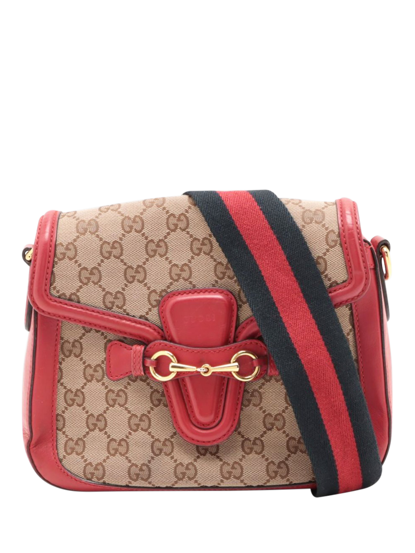 Product image 1 of 10, which shows Pre-loved GUCCI GG Canvas & Leather Crossbody Bag, Brown/Red