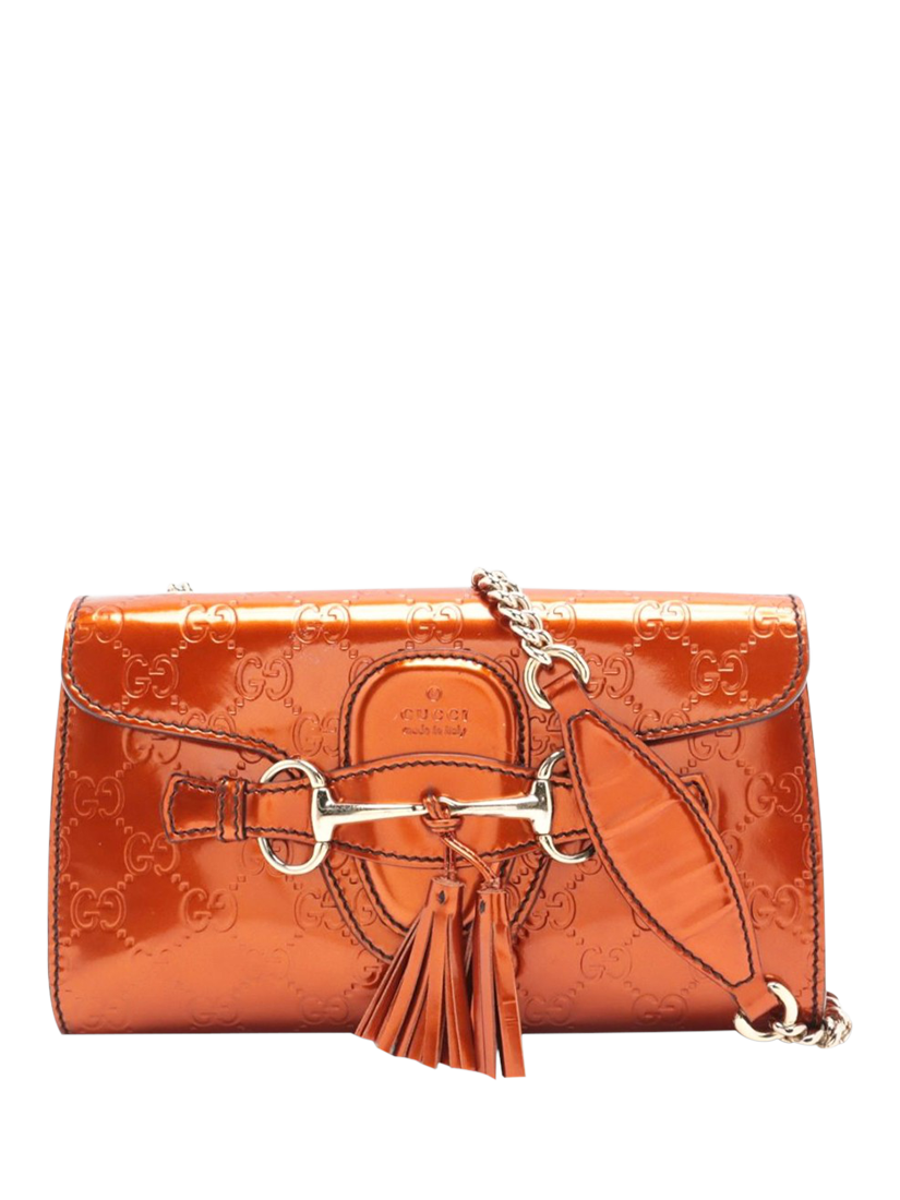 Pre-loved GUCCI Horsebit Emily Patent Leather Chain Shoulder Bag, Orange