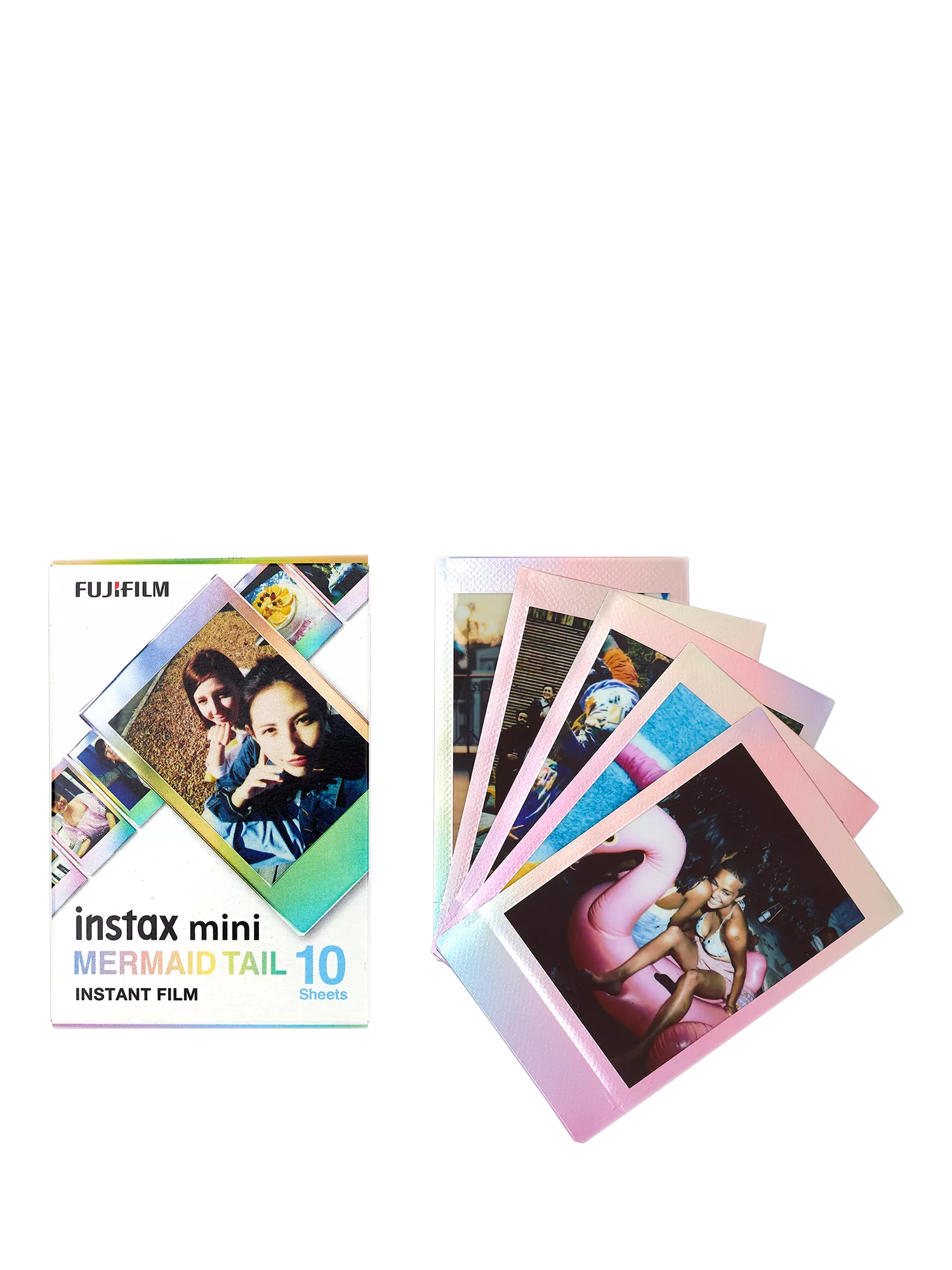 Fujifilm Instax Mini Mermaid Tail instant film pack with 10 sheets and pastel rainbow photo frames displayed