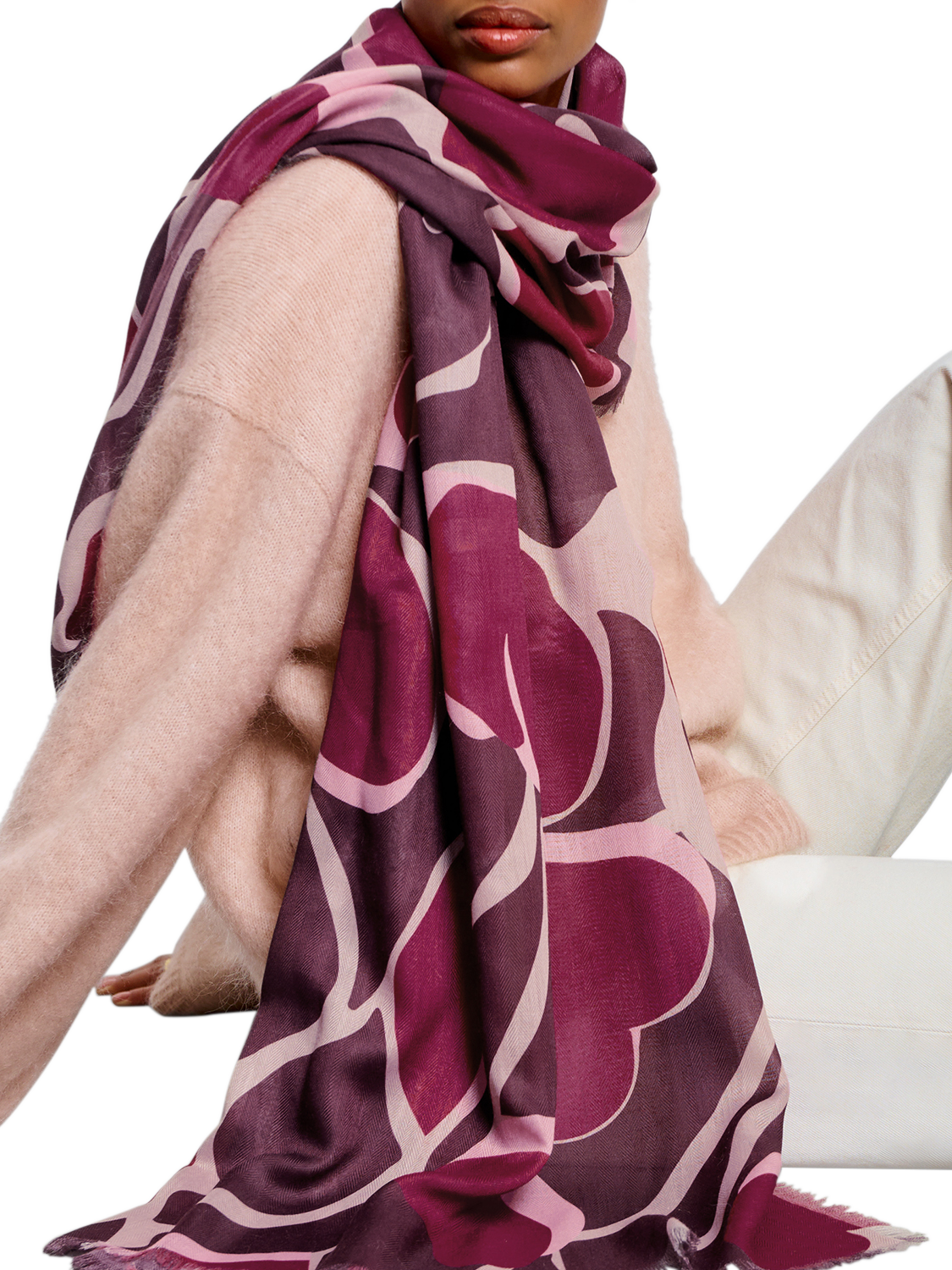 Product image 4 of 4, which shows Katie Loxton Abstract Heart Print Scarf, Maroon