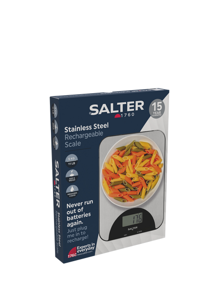 Salter Stainless Steel Rechargeable Electronic Kitchen Scale, 5kg, Silver - view 2, Silver