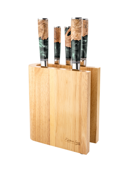 Katana Saya Elements Damascus Steel & Rainforest Handle Filled Knife Block Set, 6 Piece, Rainforest Green
