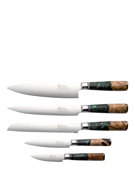 Katana Saya Elements Damascus Steel & Rainforest Handle Filled Knife Block Set, 6 Piece - view 2, Rainforest Green