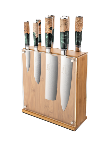 Katana Saya Elements Damascus Steel & Rainforest Handle Filled Knife Block Set, 9 Piece, Rainforest Green