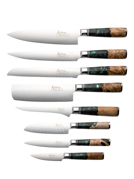 Katana Saya Elements Damascus Steel & Rainforest Handle Filled Knife Block Set, 9 Piece - view 2, Rainforest Green