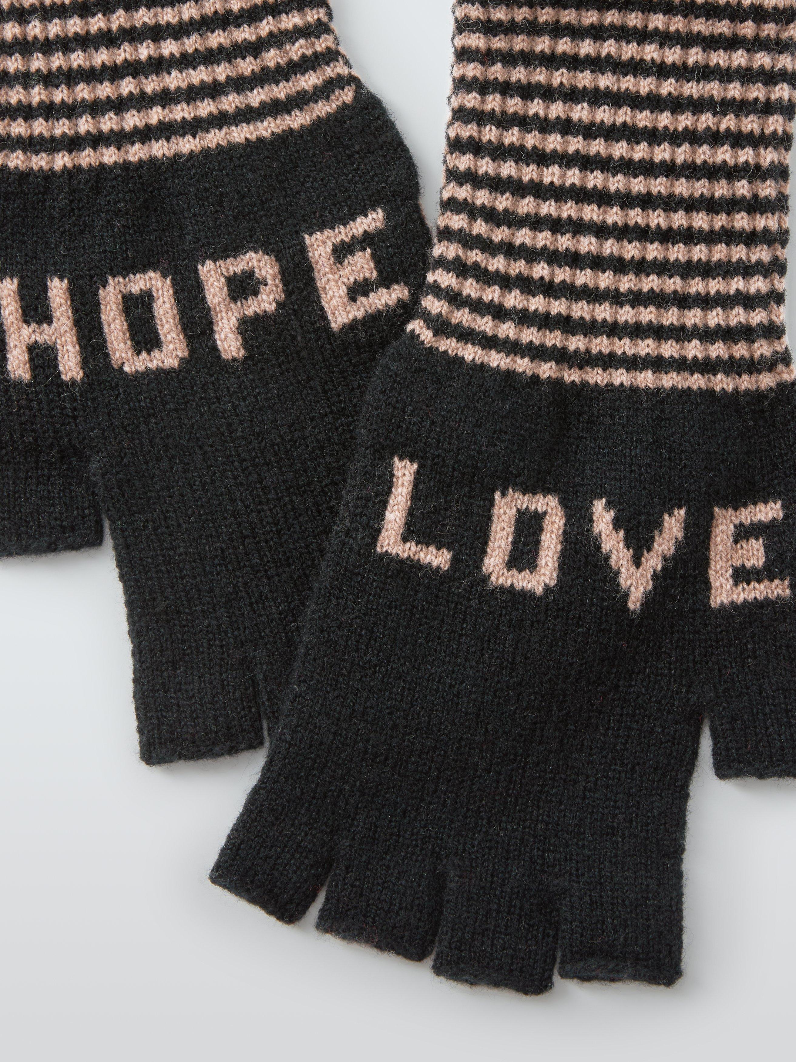 Product image 1 of 2, which shows Quinton + Chadwick Love & Hope Fingerless Wool Gloves, Black/Multi