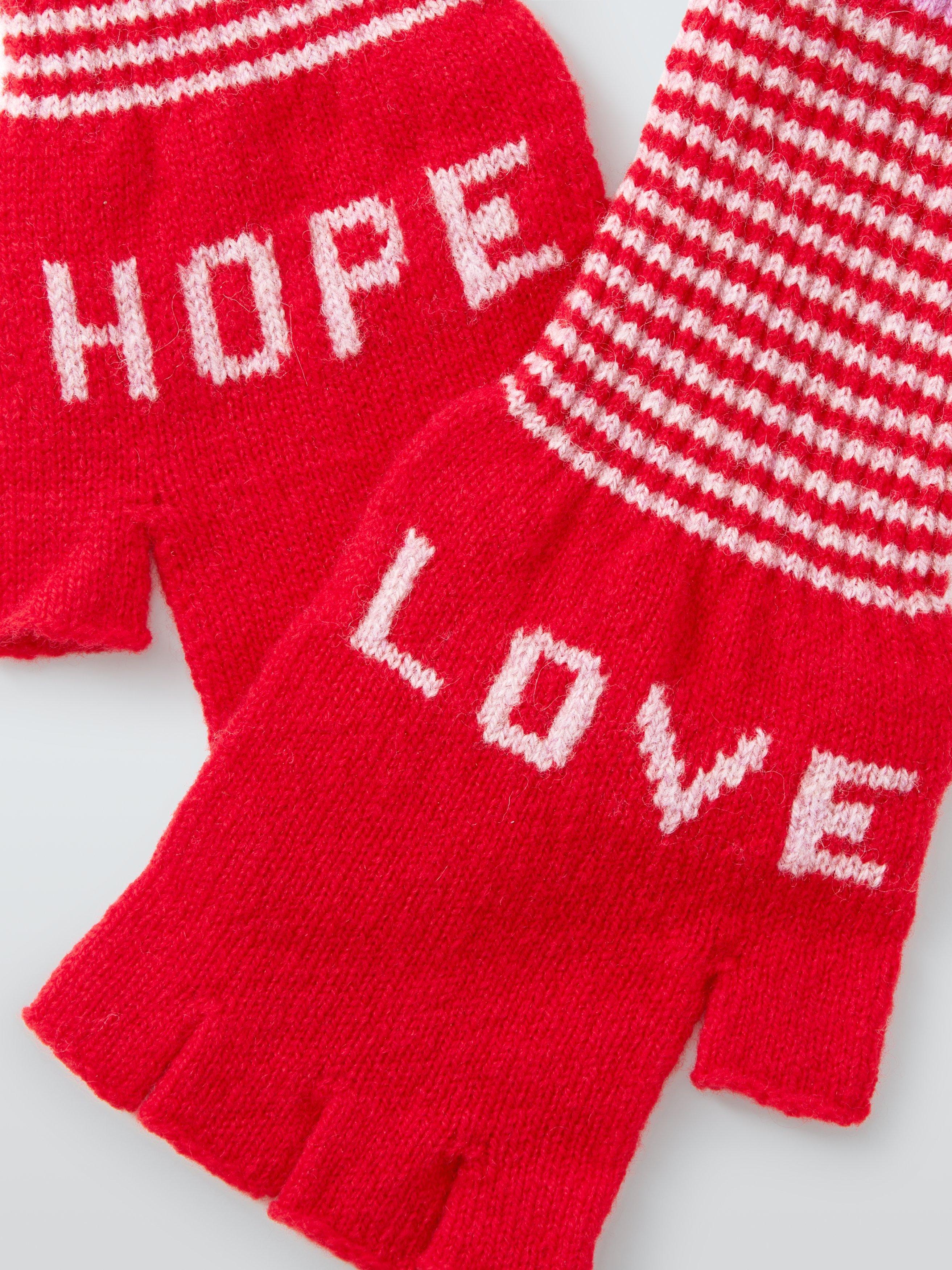 Product image 1 of 2, which shows Quinton + Chadwick Love & Hope Fingerless Wool Gloves, Red/Multi