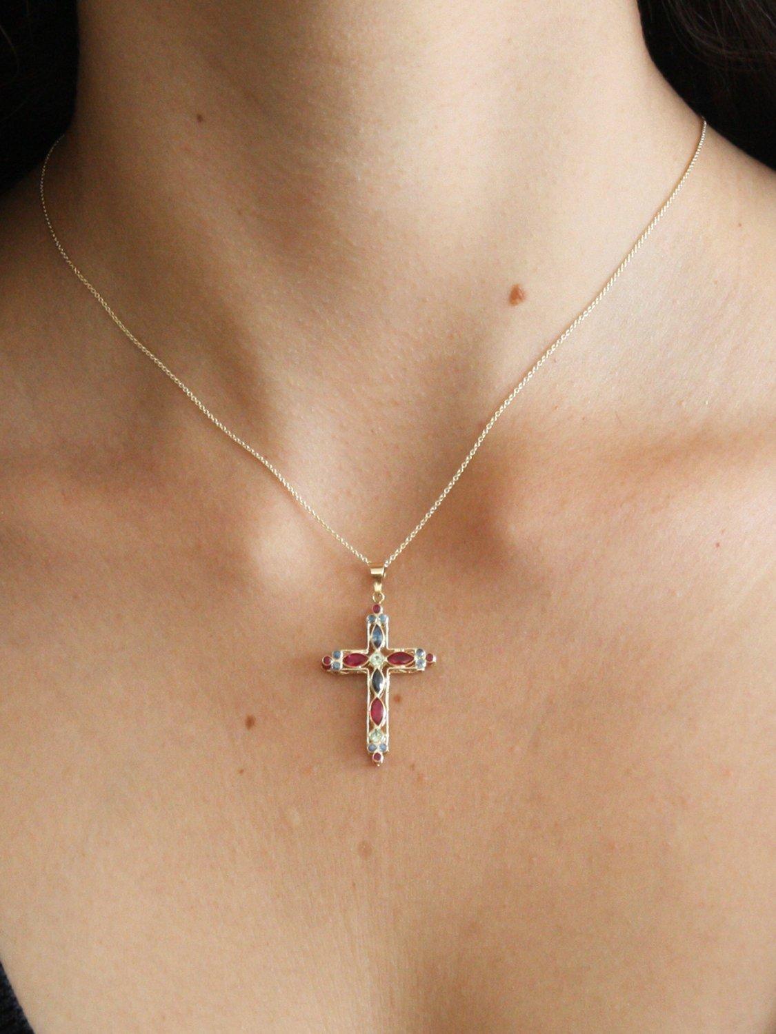Product image 5 of 5, which shows Pre-loved 9ct Yellow Gold Ruby and Sapphire Cross Pendant