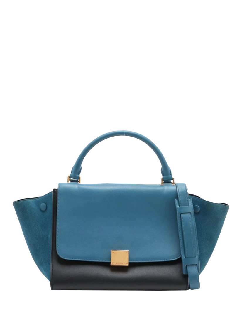 Product image 1 of 10, which shows Pre-loved CELINE Trapeze Leather and Suede 2Way Grab Bag, Blue/Black