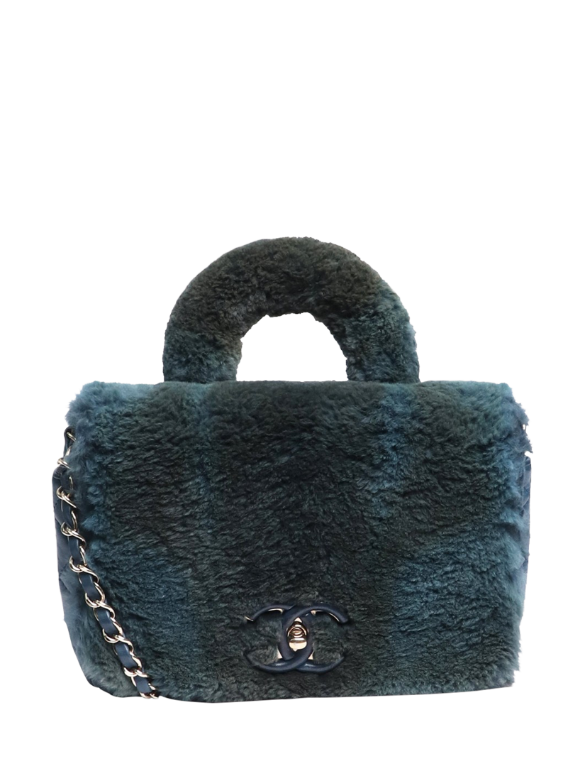 Product image 1 of 8, which shows Pre-loved CHANEL 2017 Fur Top Handle Bag, Blue/Green