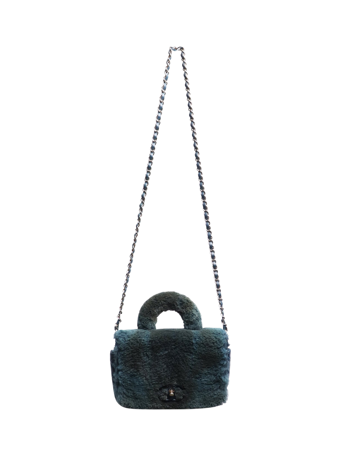 Product image 2 of 8, which shows Pre-loved CHANEL 2017 Fur Top Handle Bag, Blue/Green