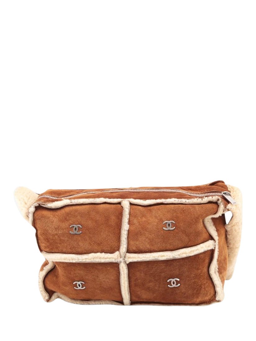 Product image 1 of 10, which shows Pre-loved CHANEL Vintage 2000 Coco Mark Mouton Shearling Shoulder Bag, Brown