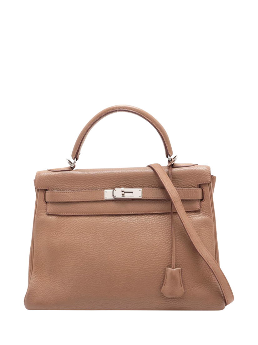 Product image 1 of 10, which shows Pre-loved Hermès Kelly Vintage 2003 32 Retourne Taurillon Clemence Tabac Leather Grab Bag, Brown