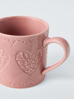 John Lewis Embossed Heart Stoneware Mug, 320ml - view 2, Pink