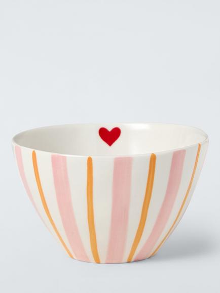 John Lewis Striped Heart Stoneware Bowl, 14cm, White/Multi, Multi
