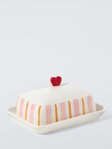John Lewis Striped Heart Stoneware Butter Dish, White/Multi