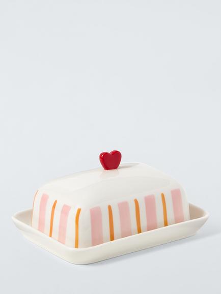 John Lewis Striped Heart Stoneware Butter Dish, White/Multi, Multi