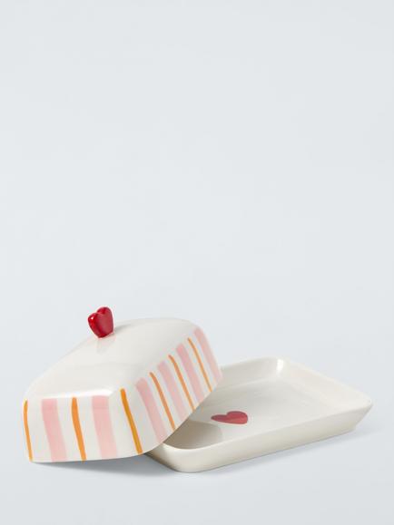 John Lewis Striped Heart Stoneware Butter Dish, White/Multi - view 2, Multi