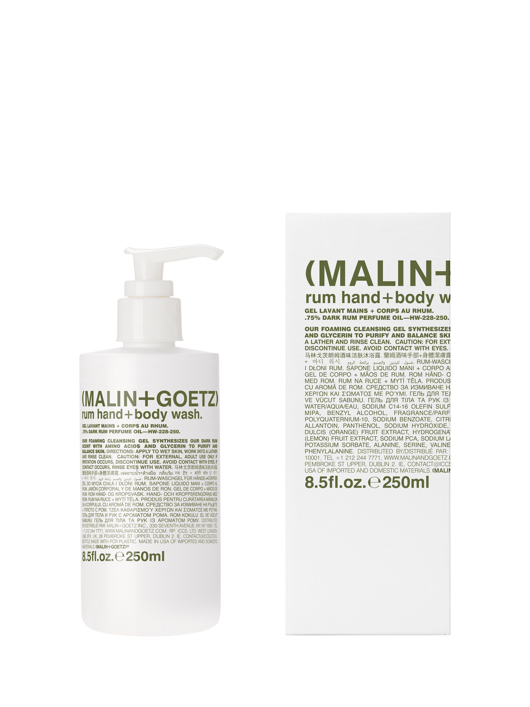 Product image 1 of 4, which shows MALIN + GOETZ Rum Hand & Body Wash, 250ml