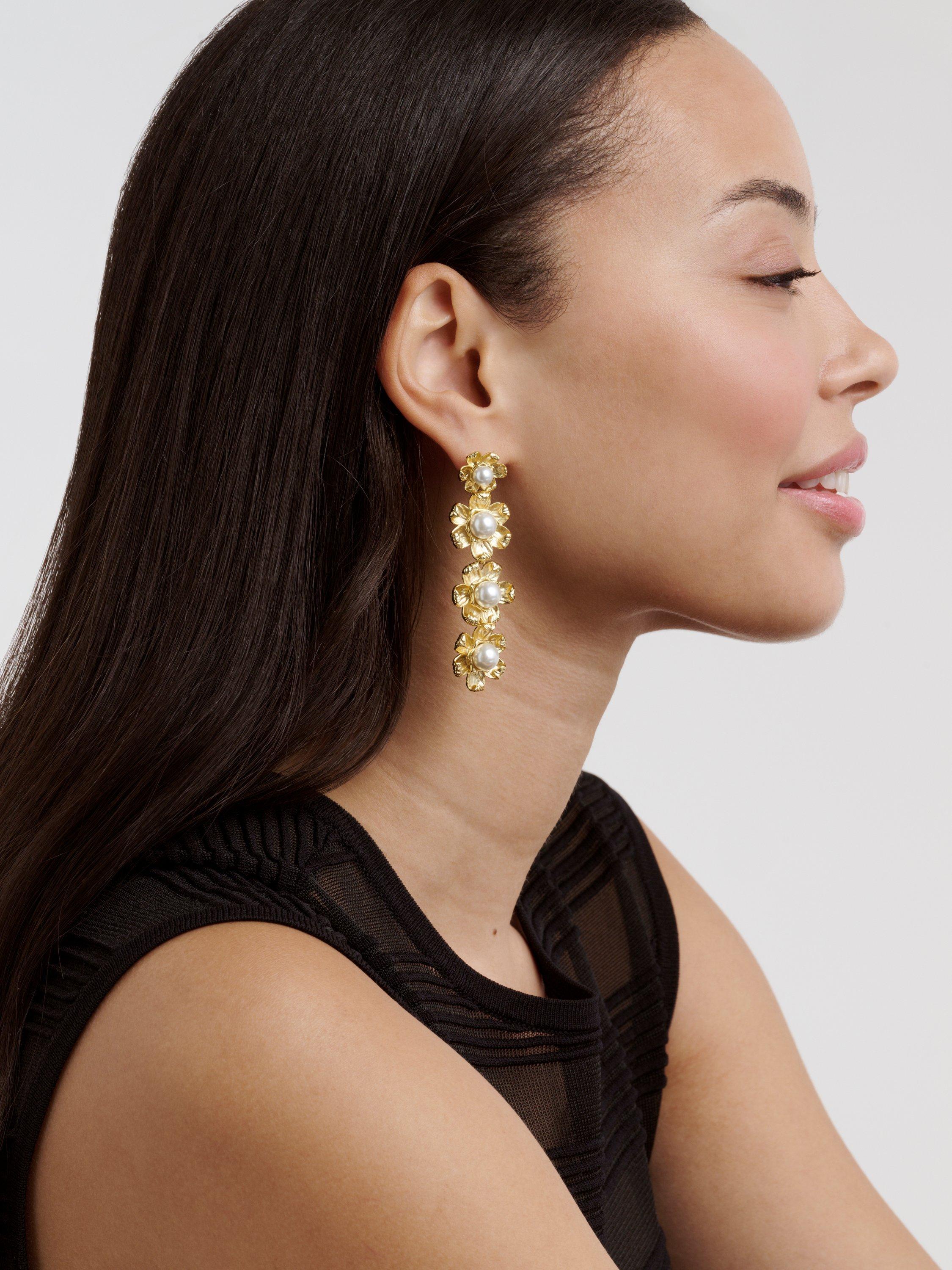 Product image 2 of 6, which shows Ted Baker Darlena Daisy Pearl Statement Drop Earrings, Gold