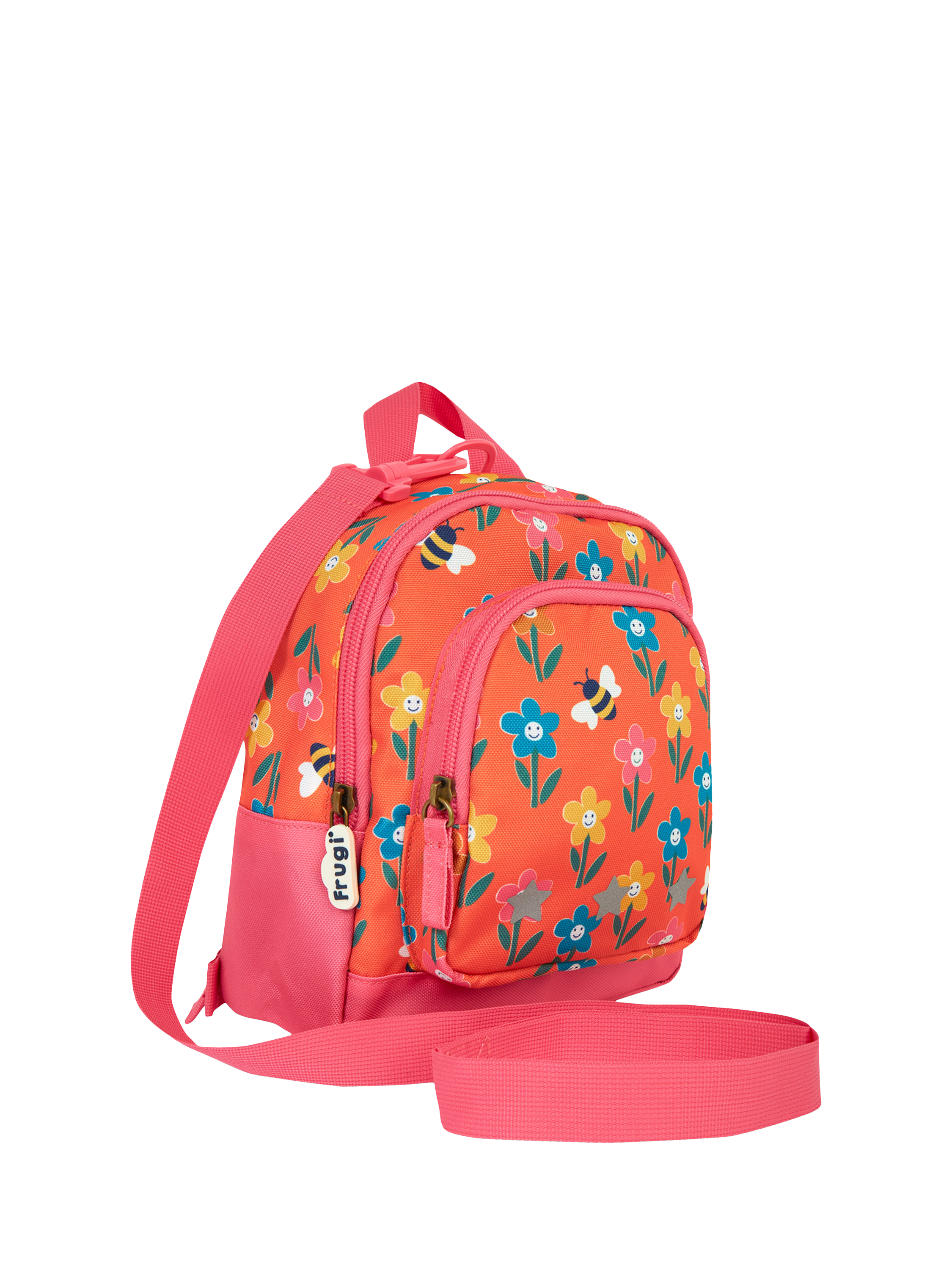 Product image 1 of 6, which shows Frugi Kids' Little Adventure Floral Backpack, Orange/Multi