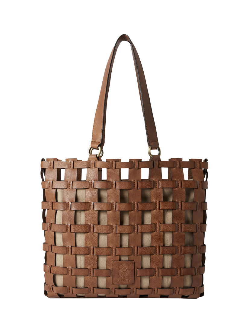 Product image 1 of 6, which shows OSPREY LONDON Ophelia Leather Woven Cage Tote Bag, Tan