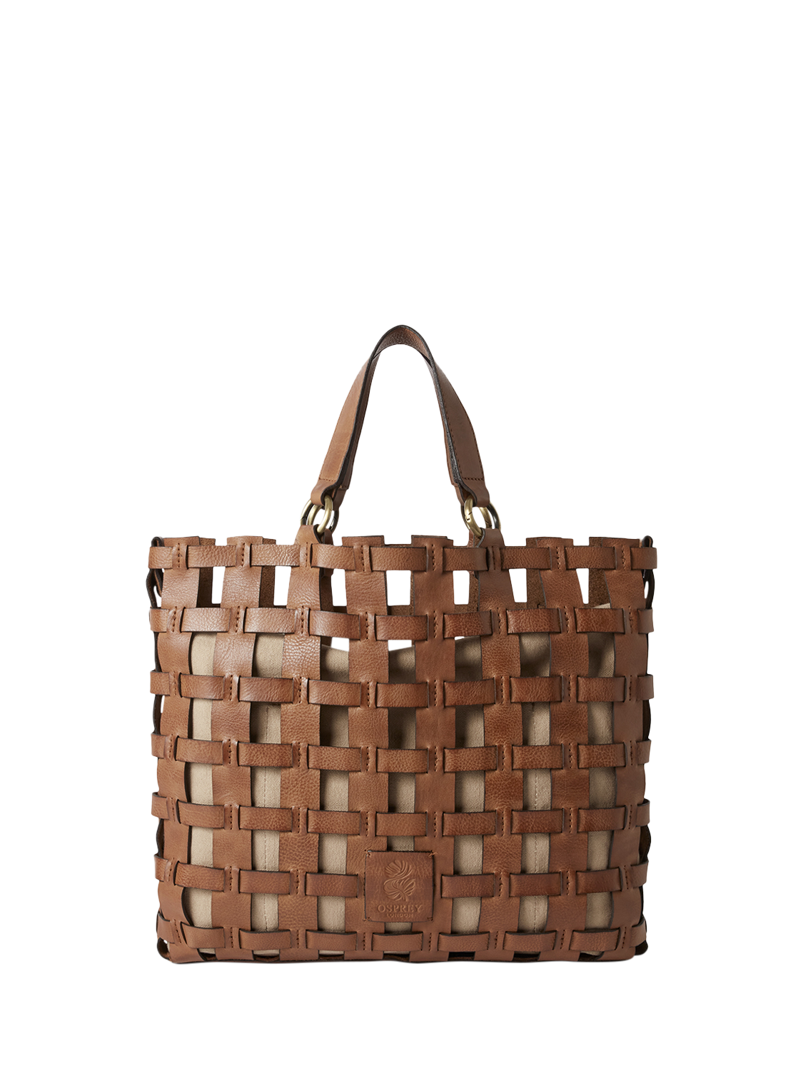 Product image 2 of 6, which shows OSPREY LONDON Ophelia Leather Woven Cage Tote Bag, Tan