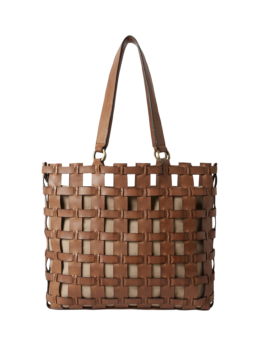 Product image 3 of 6, which shows OSPREY LONDON Ophelia Leather Woven Cage Tote Bag, Tan