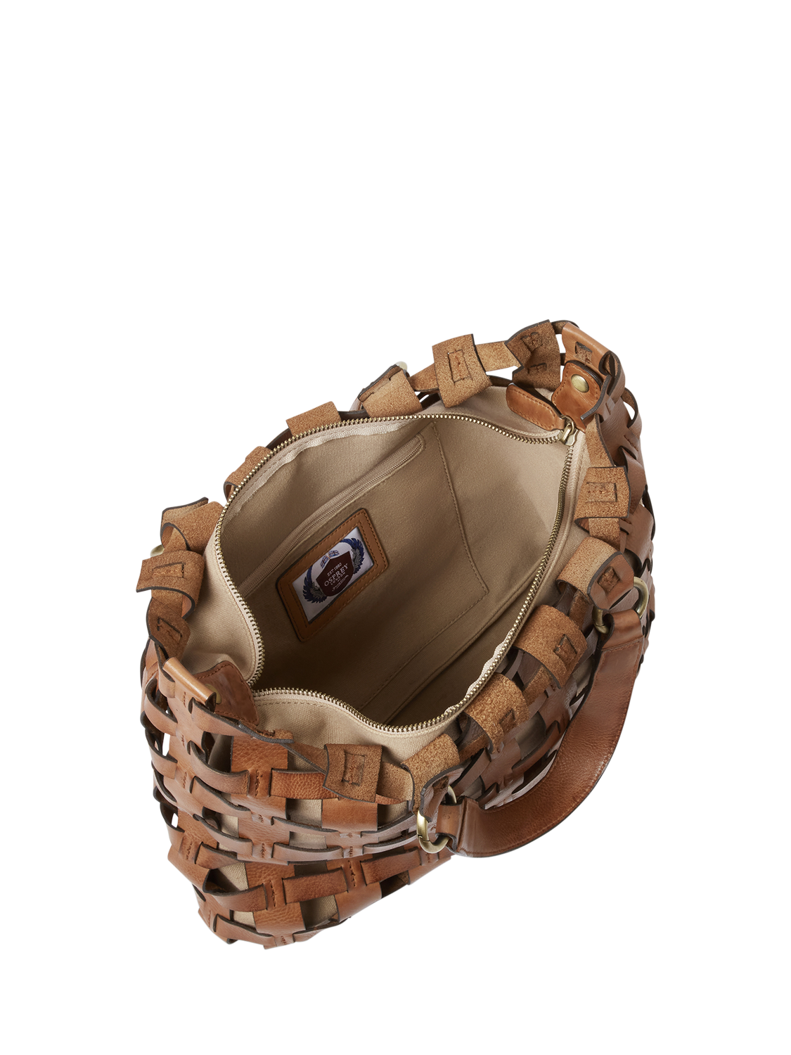 Product image 5 of 6, which shows OSPREY LONDON Ophelia Leather Woven Cage Tote Bag, Tan
