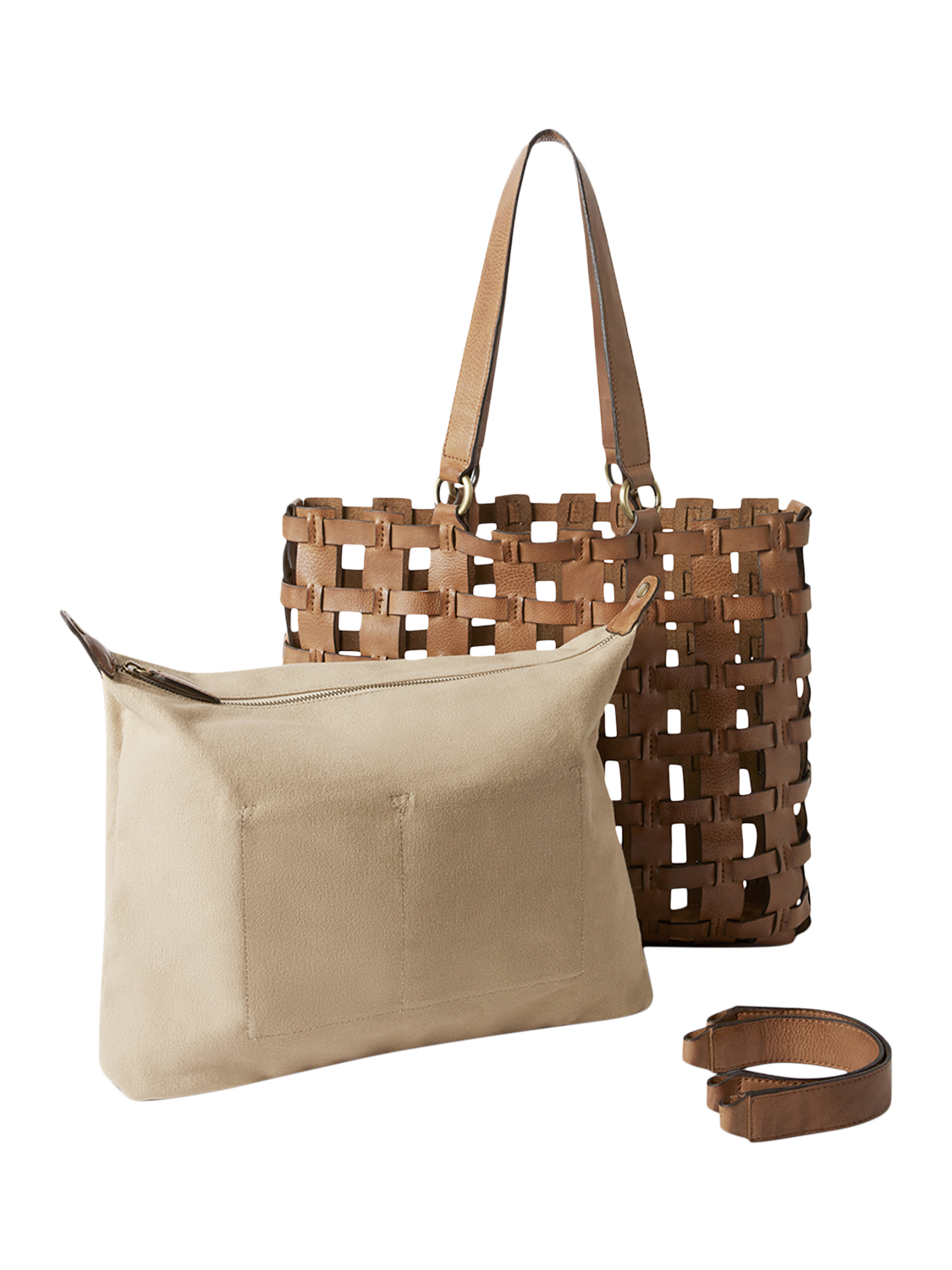 Product image 6 of 6, which shows OSPREY LONDON Ophelia Leather Woven Cage Tote Bag, Tan