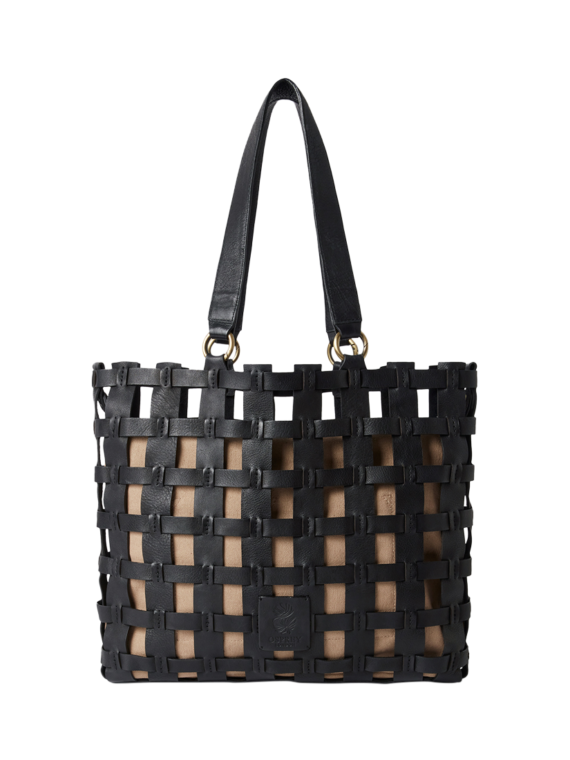 Product image 1 of 6, which shows OSPREY LONDON Ophelia Leather Woven Cage Tote Bag, Black