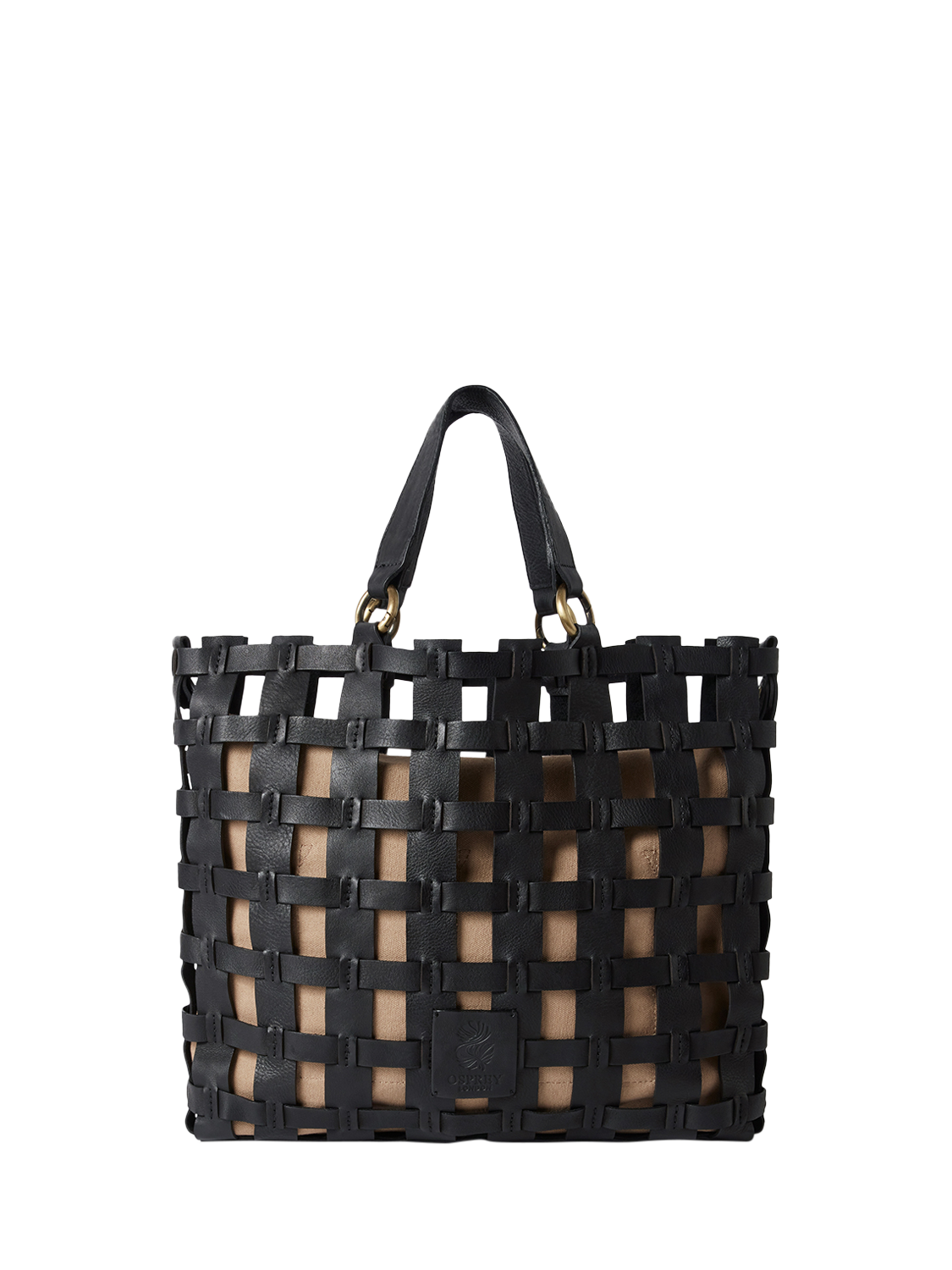 Product image 2 of 6, which shows OSPREY LONDON Ophelia Leather Woven Cage Tote Bag, Black