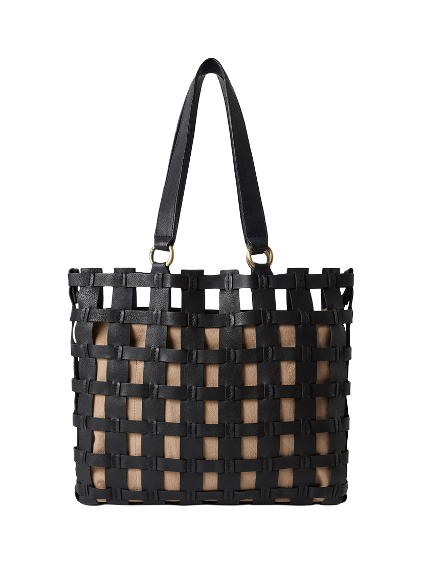 Product image 3 of 6, which shows OSPREY LONDON Ophelia Leather Woven Cage Tote Bag, Black