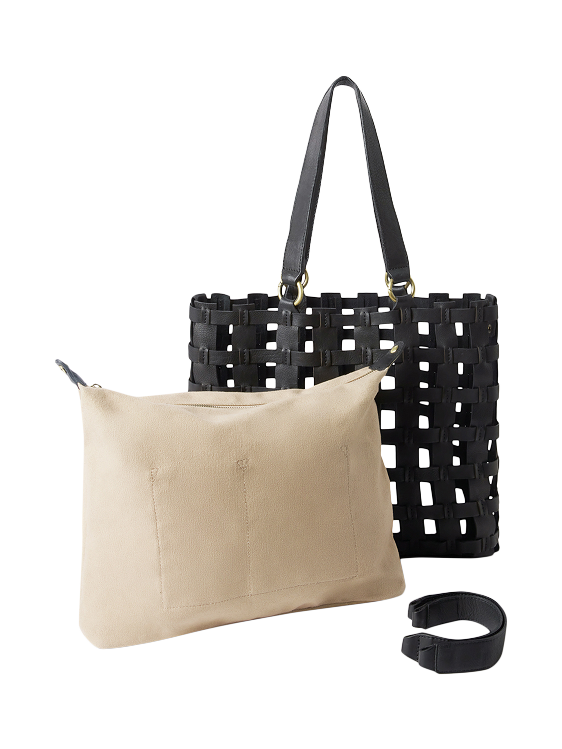Product image 6 of 6, which shows OSPREY LONDON Ophelia Leather Woven Cage Tote Bag, Black