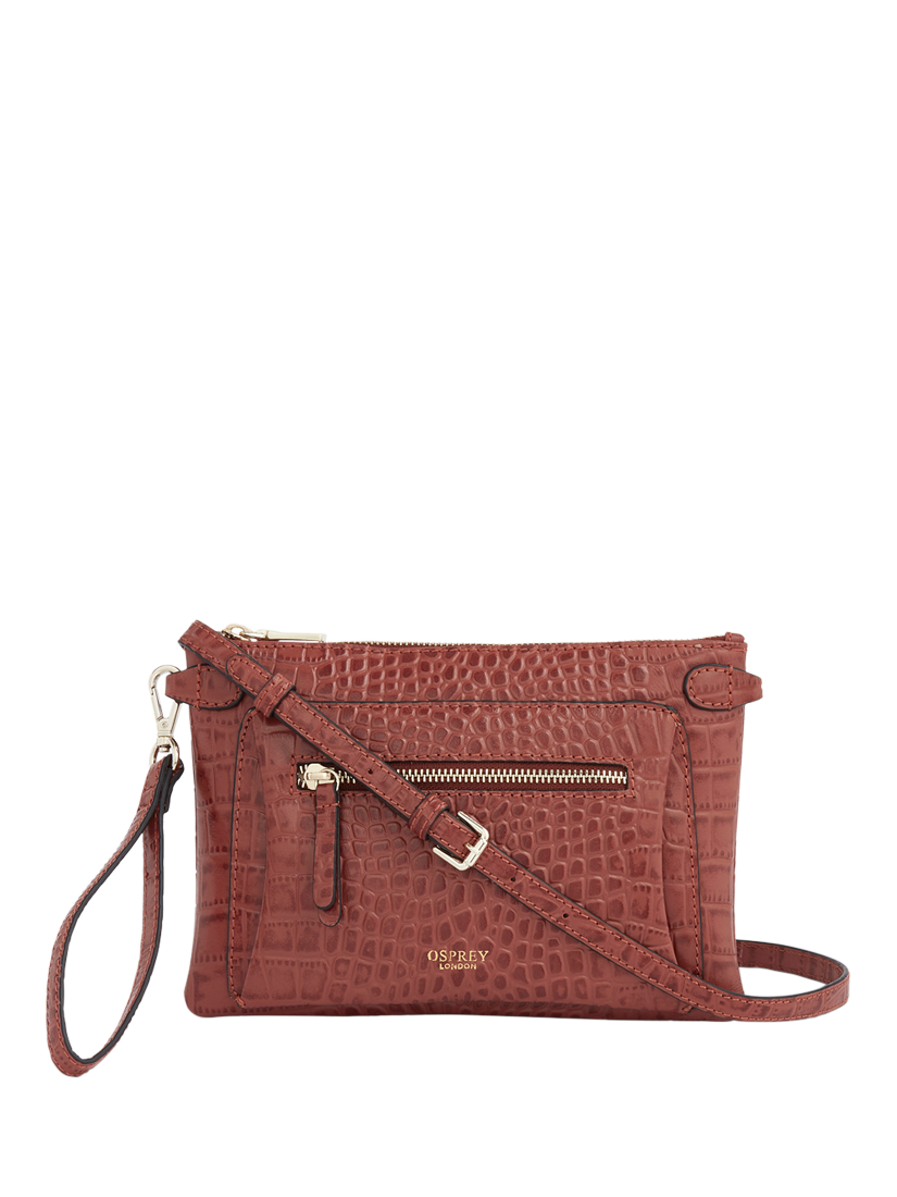 Product image 1 of 4, which shows OSPREY LONDON Ruby Croc Leather Crossbody Clutch Bag, Chestnut