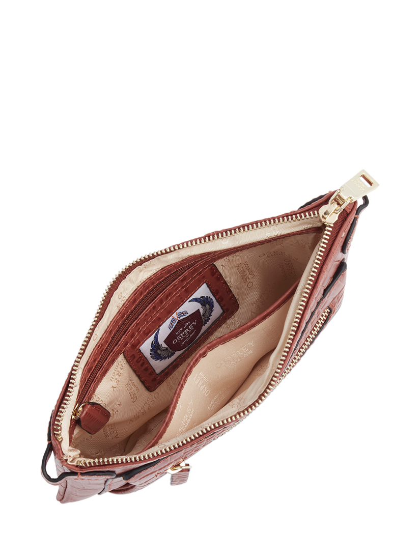 Product image 3 of 4, which shows OSPREY LONDON Ruby Croc Leather Crossbody Clutch Bag, Chestnut