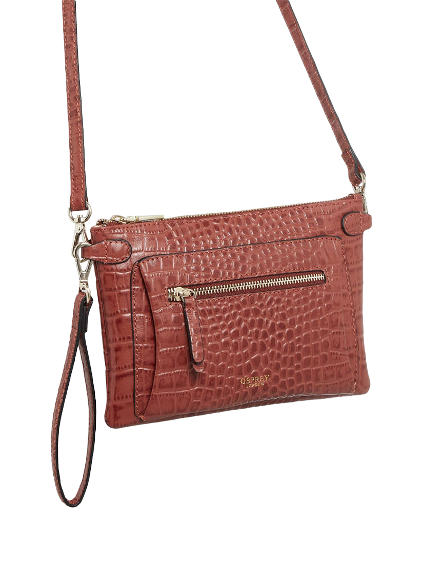 Product image 4 of 4, which shows OSPREY LONDON Ruby Croc Leather Crossbody Clutch Bag, Chestnut