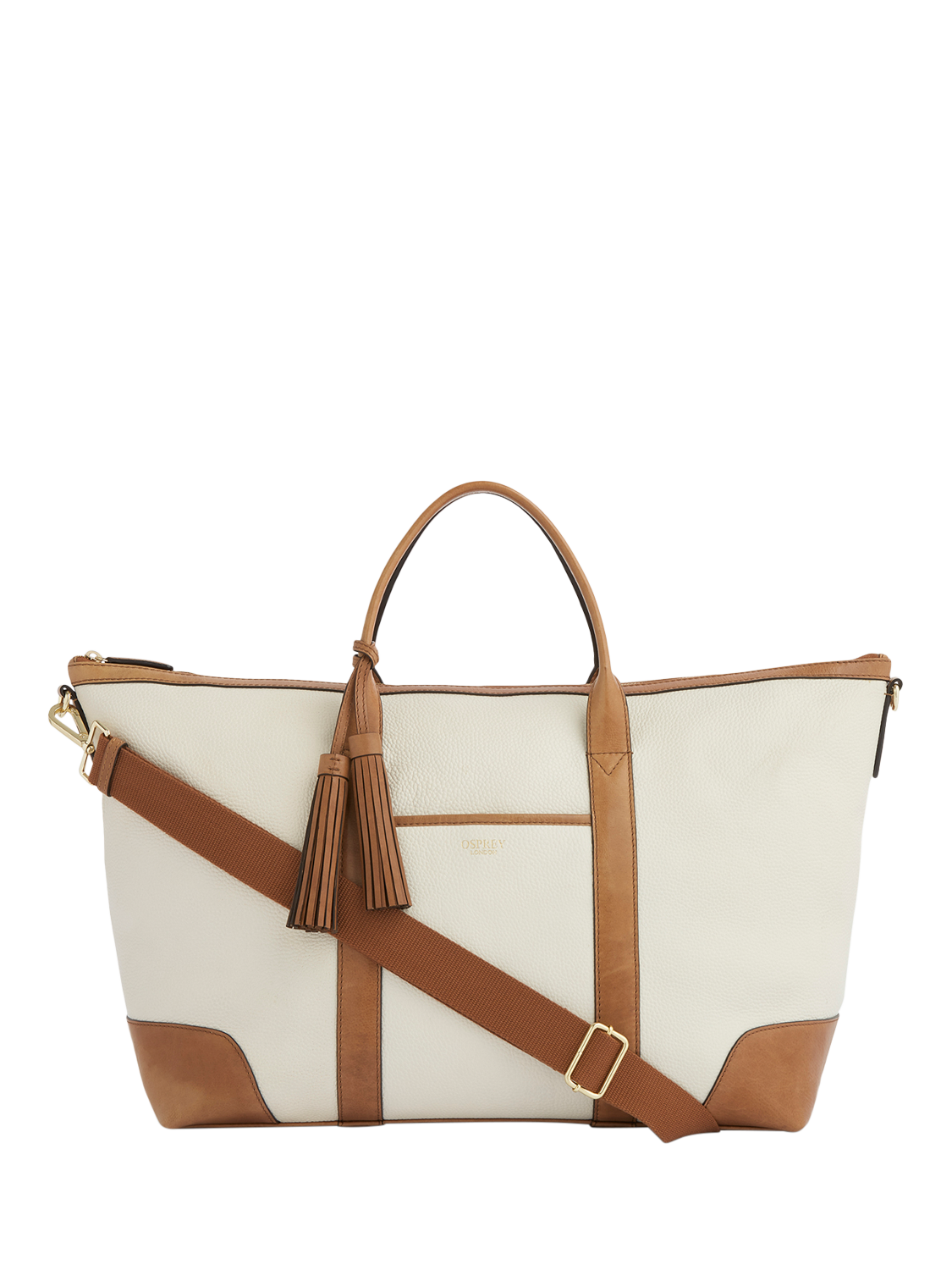 Product image 1 of 7, which shows OSPREY LONDON Savanna Leather Weekender Bag, Ivory