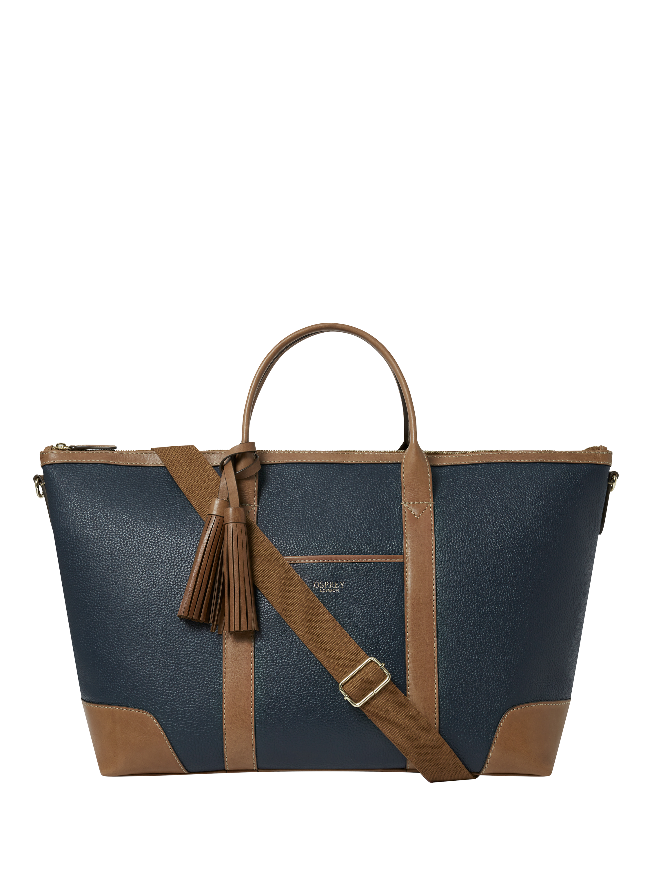 Product image 1 of 5, which shows OSPREY LONDON Savanna Leather Weekender Bag, Navy
