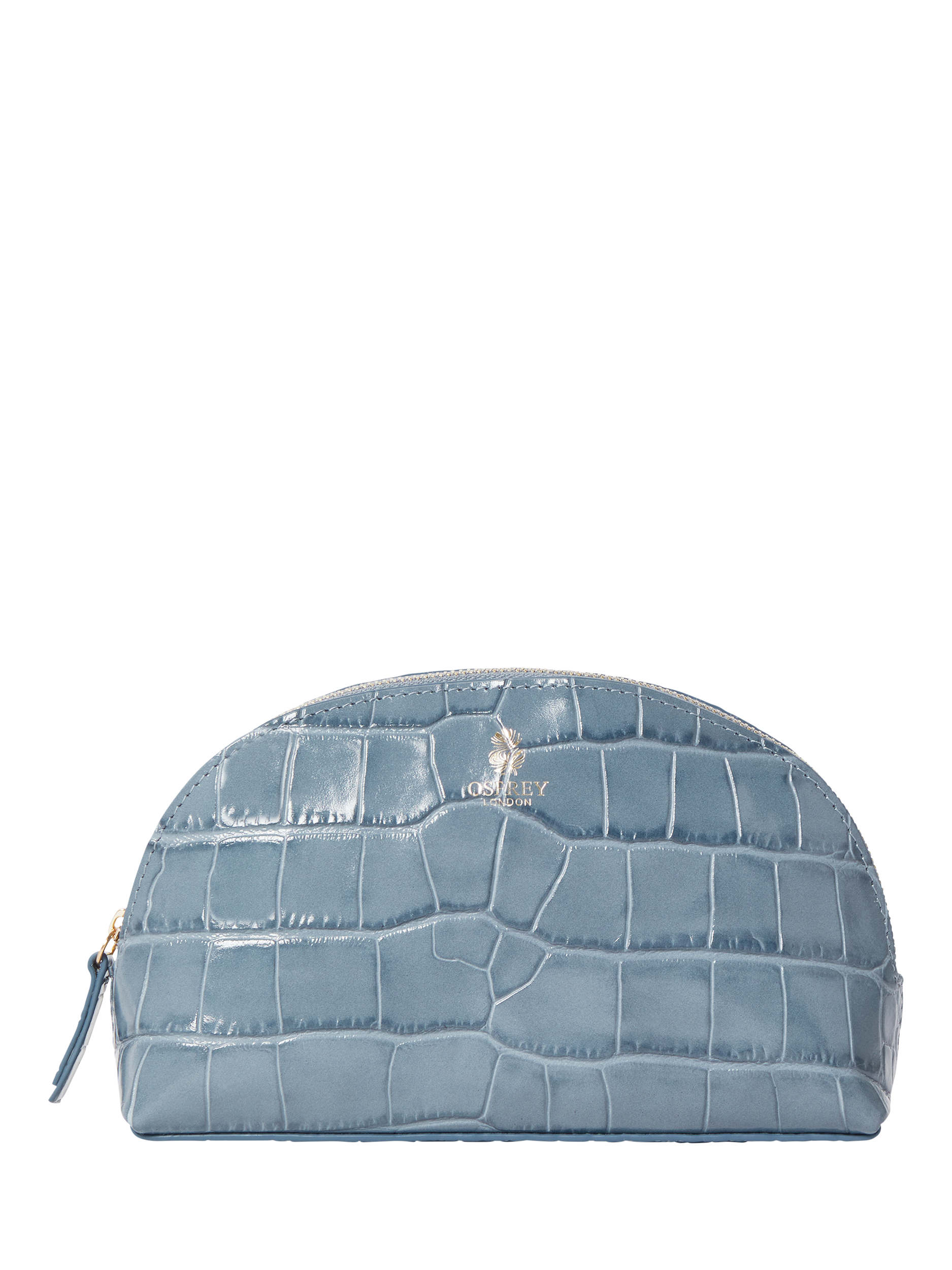 Product image 1 of 5, which shows OSPREY LONDON Wentworth Croc Effect Leather Makeup Bag, Smoke Blue